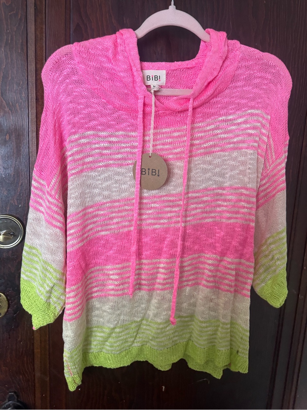 BiBi Pink, Cream & Lime Striped Hooded Swim Cover-Up